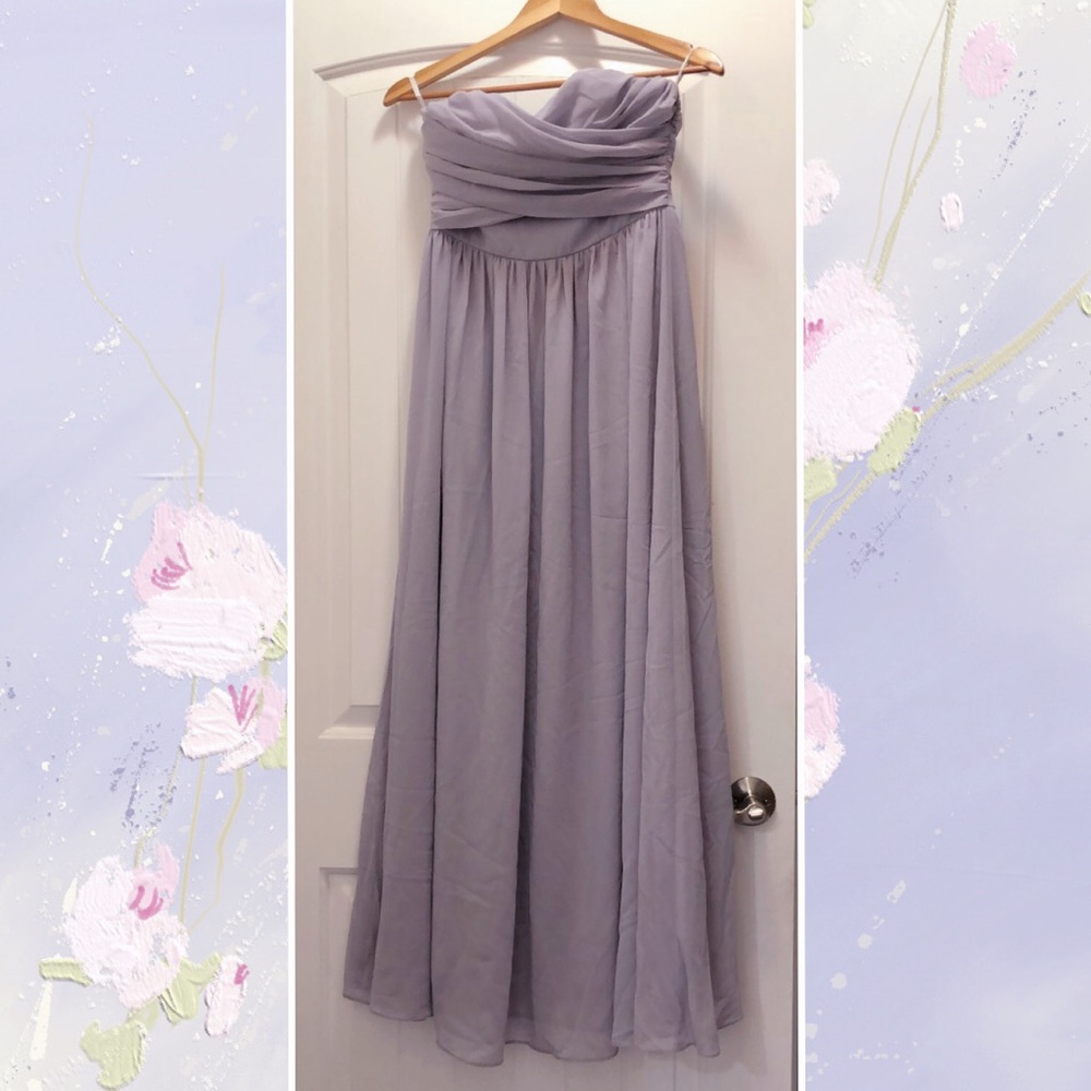 Lilac strapless maxi prom dress